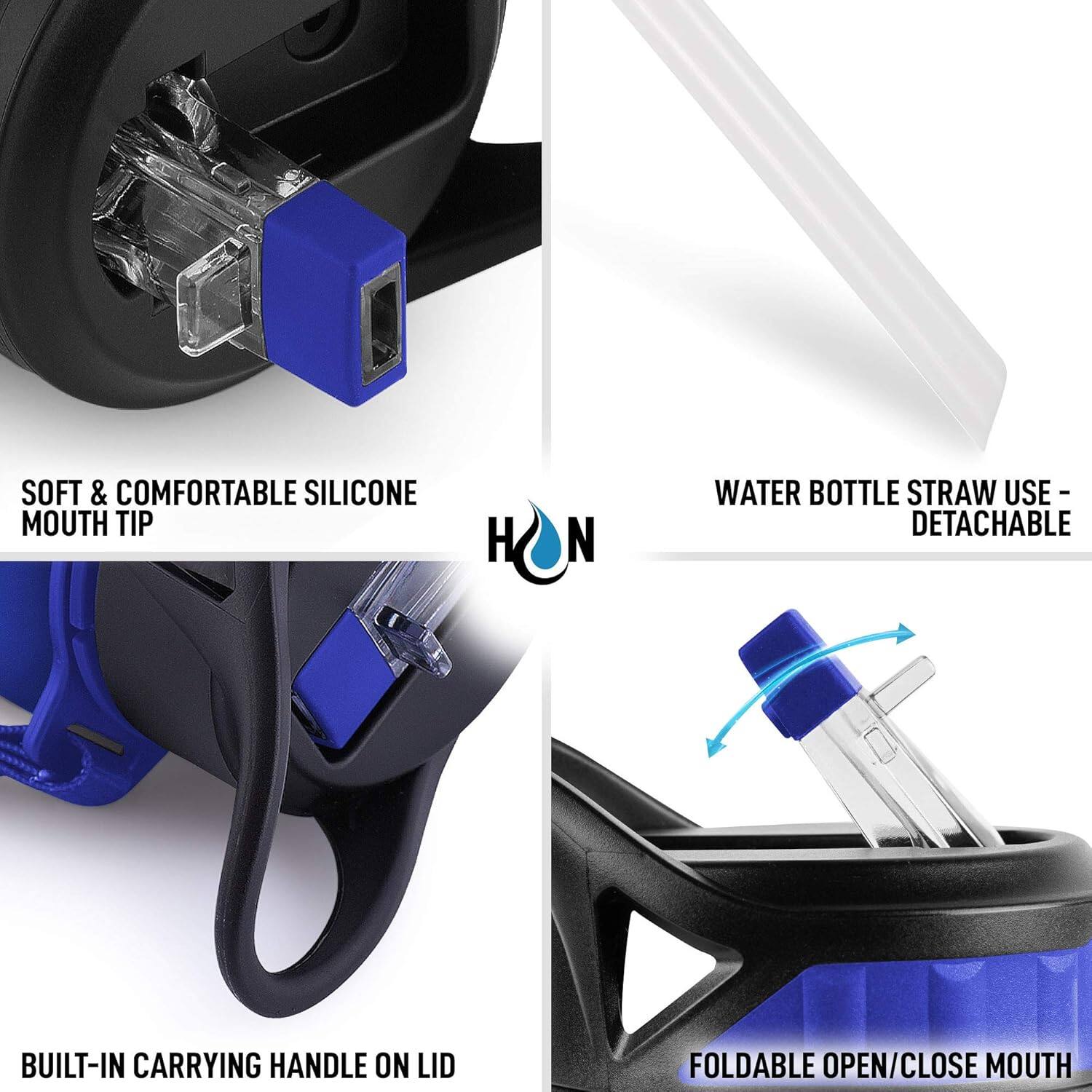 - Soft & Comfortable Silicone Mouth Tip
- Water Bottle Straw Use - Detachable
- Built-in Carrying Handle on Lid
- Foldable Open/Close Mouth