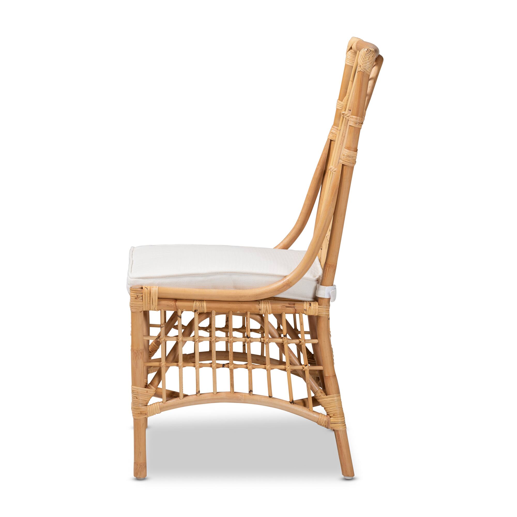 Left. bali & pari - Rose Modern Bohemian Fabric Upholstered and Rattan Dining Chair - White/Natural Brown.