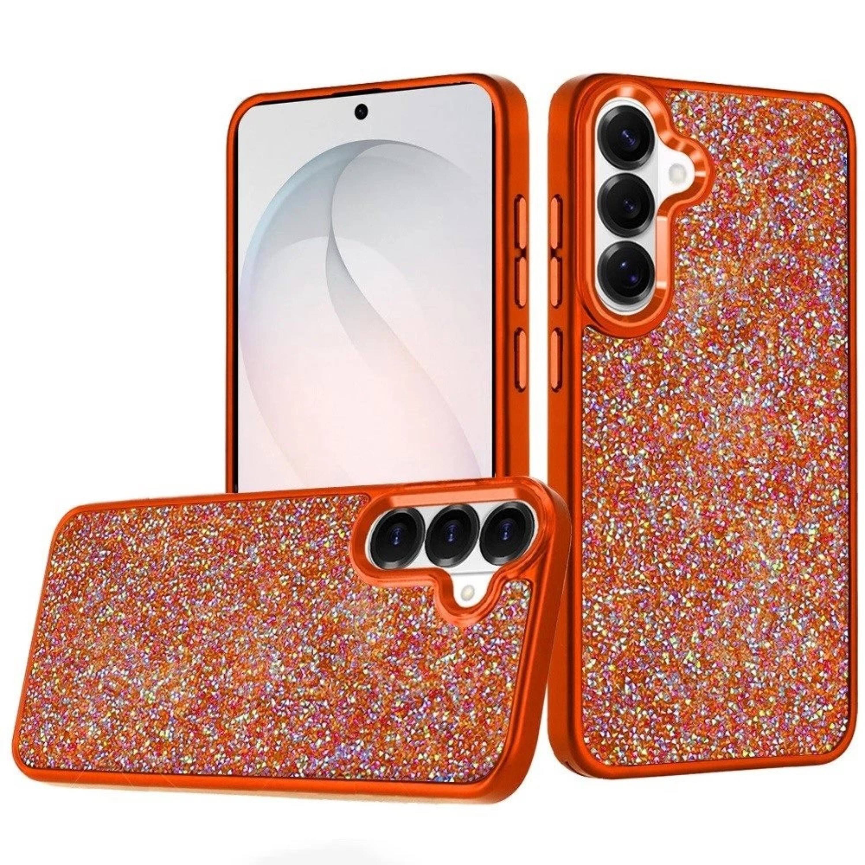 Front. Kitcheniva - Full Crystal Bling Metallic Button Phone Case With Tempered Glass For Samsung S26 6.3 Inch Red - Orange.