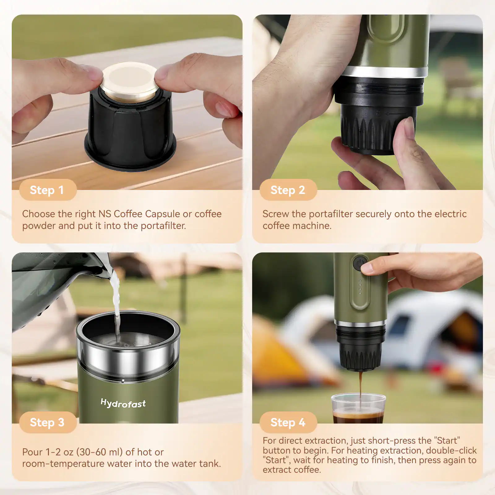 Alt View 5. Hydrofast - PO-100 Portable Espresso Maker, 20-Bar Pressure, 9600mAh, 2-in-1 Capsule & Ground Coffee, Wireless Heating, for Travel - Army Green.