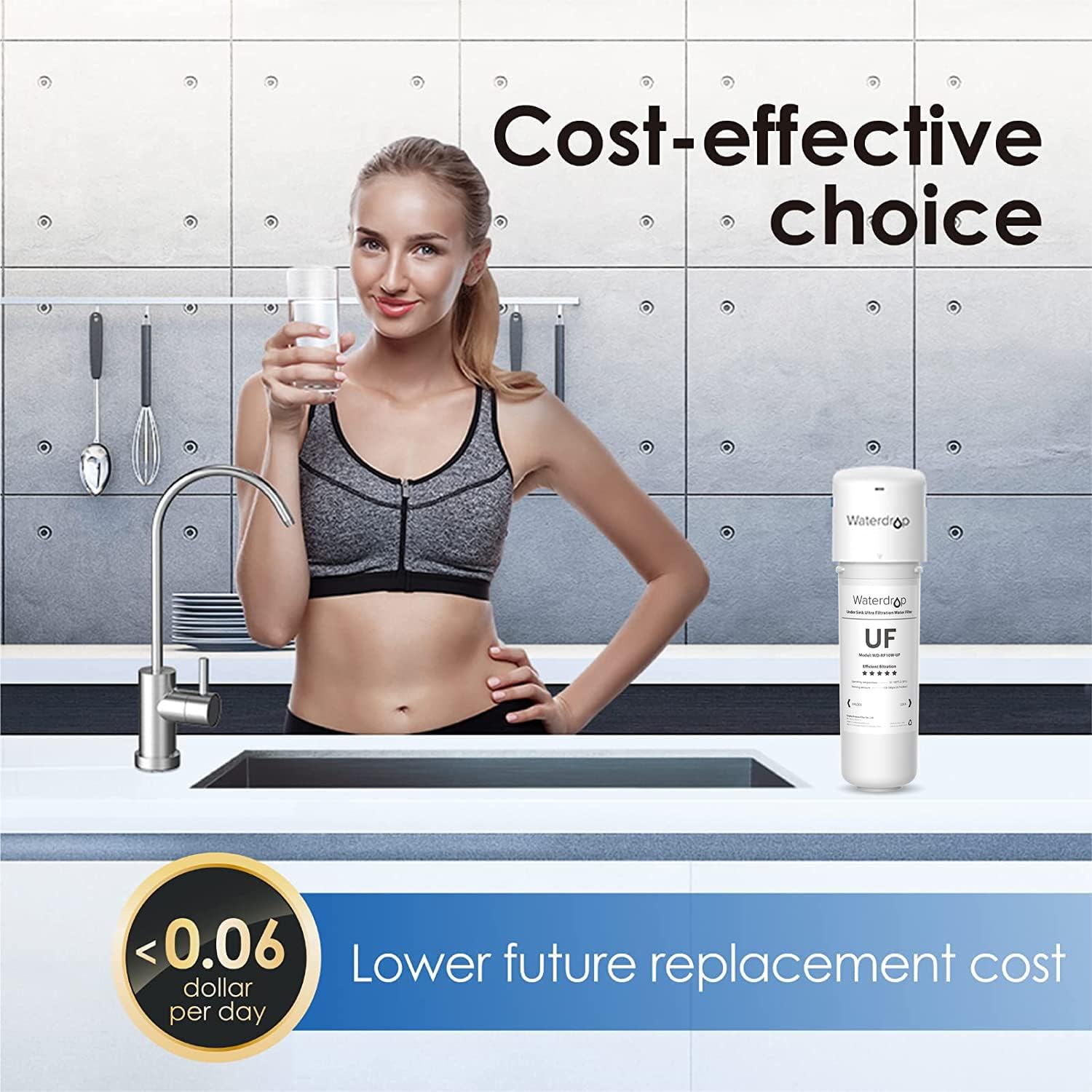 Cost-effective choice. Waterdrop UF <0.06 Lower future replacement cost dollar per day.