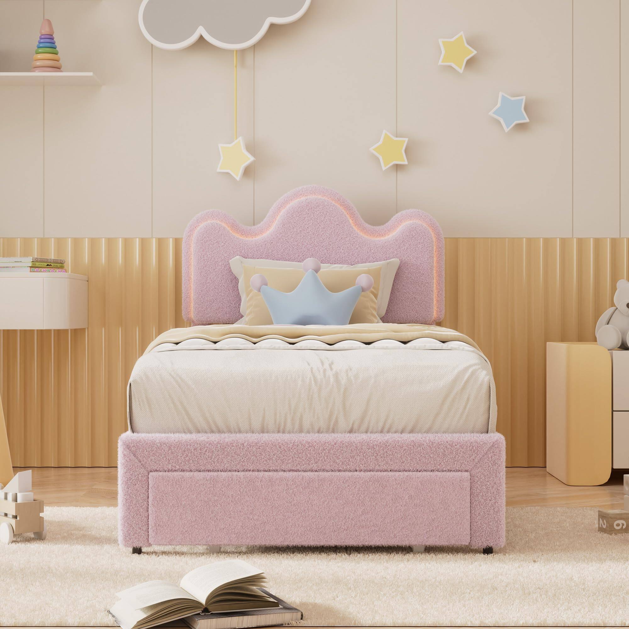 Left. Acekool - Twin Bed Frames Lamb Velvet Twin Beds Cute Platform Bed Frame for Girls, Boys,Sturdy Platform Bed - Pink.