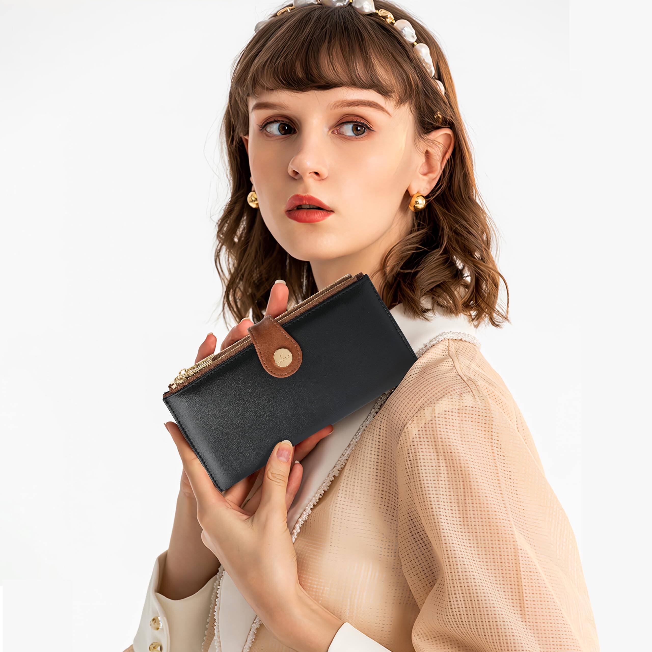 Alt View 3. Jadie Link - Womens Wallet Thin Rfid Blocking Leather Women Credit Card Holder Travel Zipper Pocketblackbrown Premium Material - Cow Print.