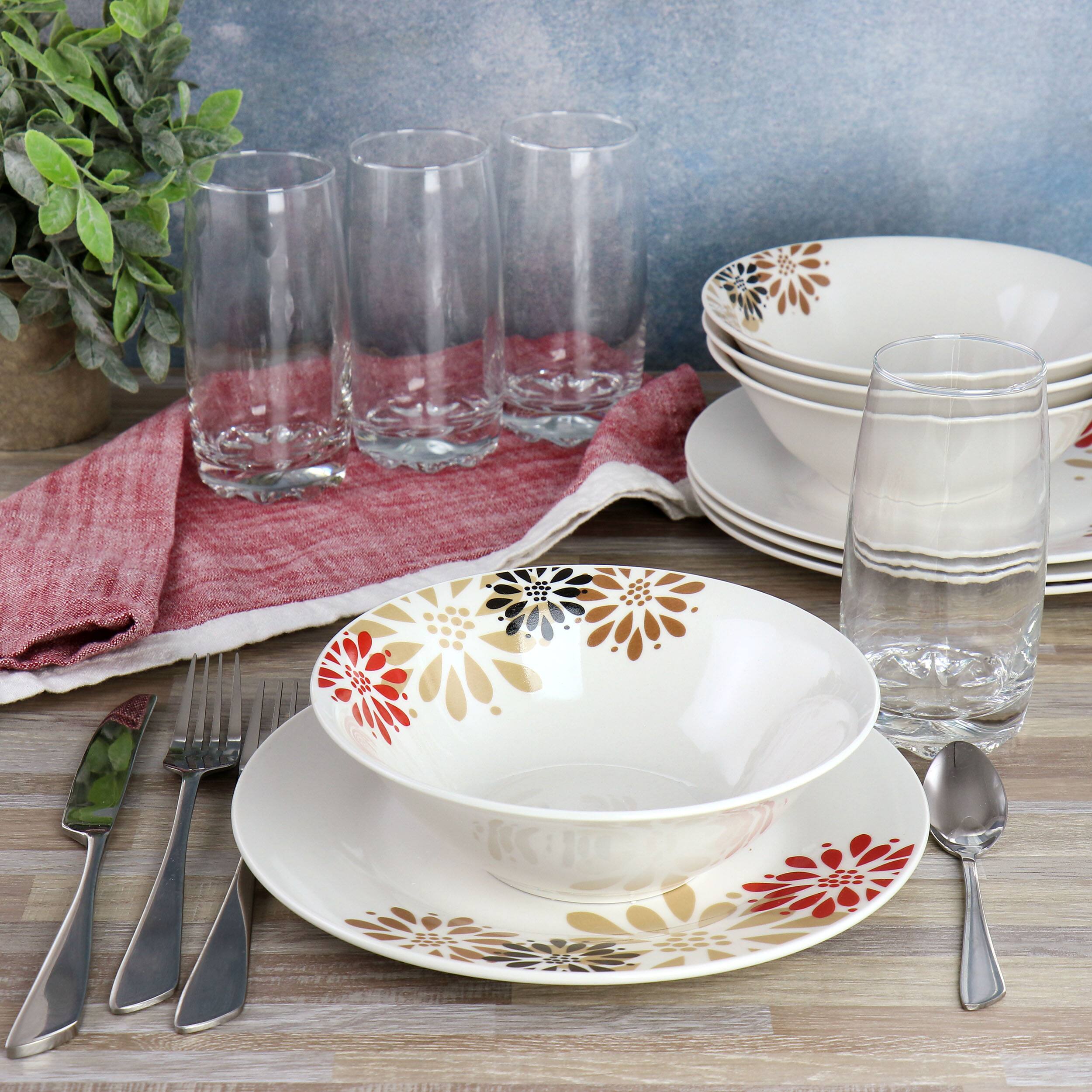 Alt View 6. Gibson - Gibson Everyday Osaka Blossom Fine Ceramic 12 Piece Dinnerware Combo Set - White with floral accents.