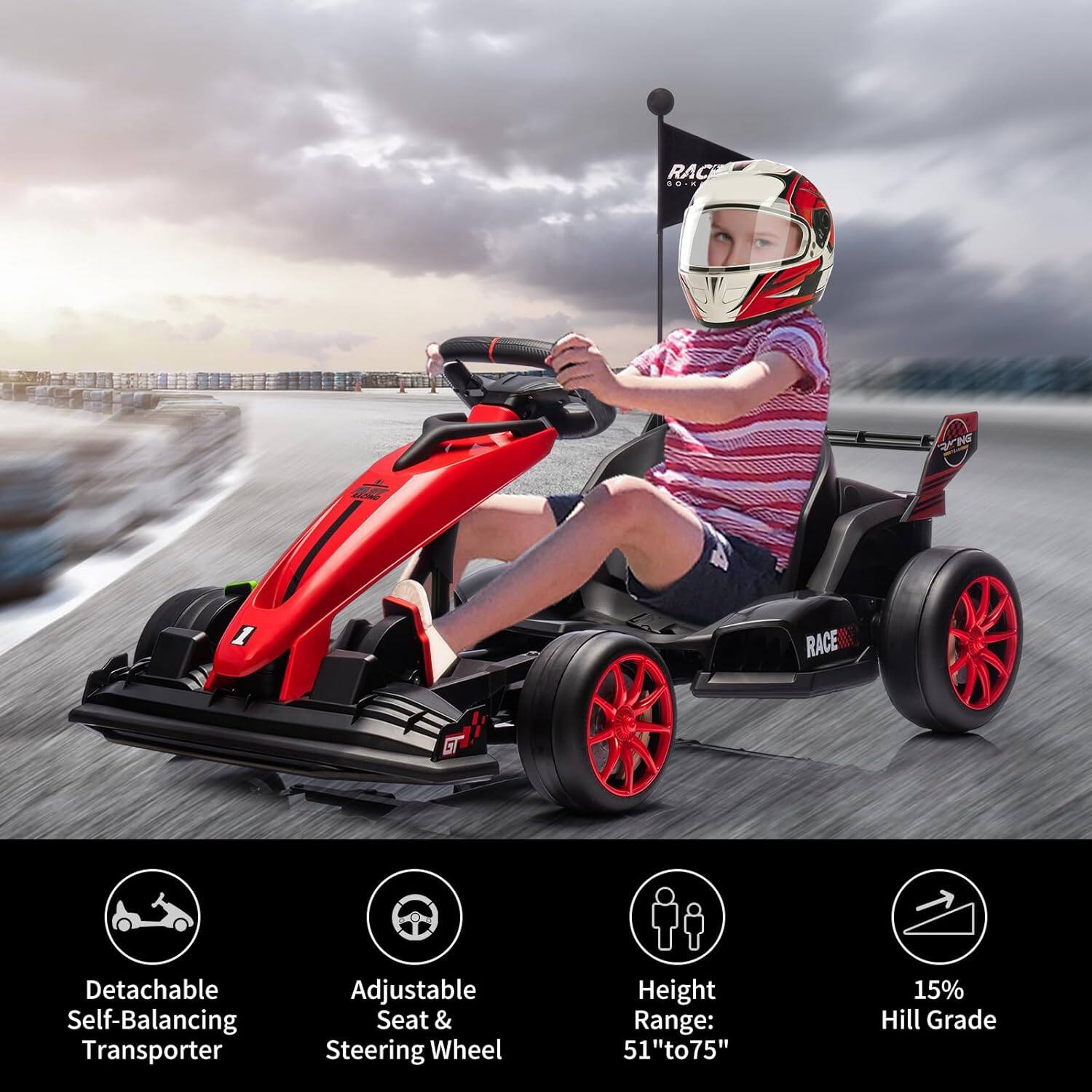 RACE BO... SKNS 1 RACE.  
Detachable Self-Balancing Transporter  
Adjustable Seat & Steering Wheel  
Height Range: 51" to 75"  
15% Hill Grade