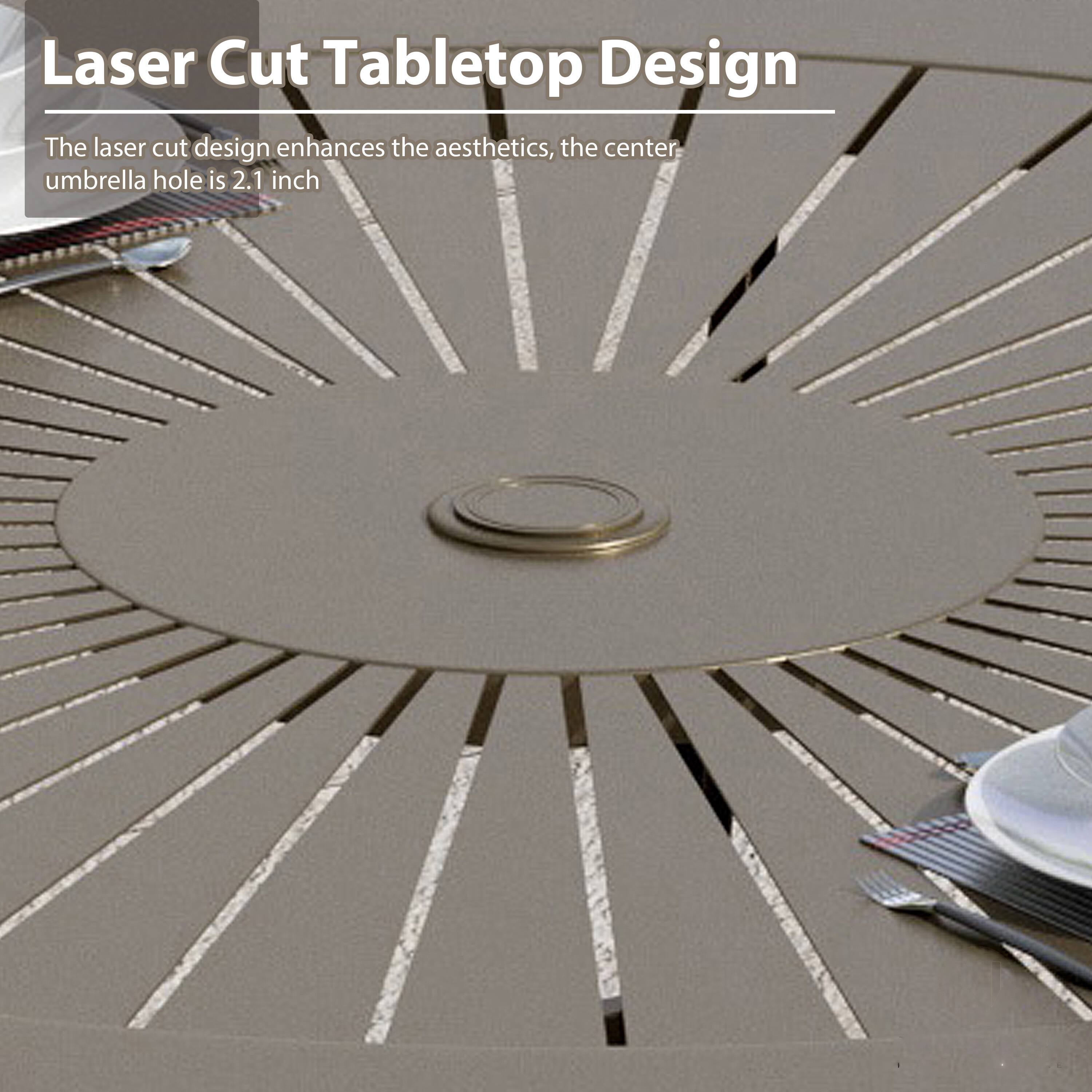 Laser Cut Tabletop Design

The laser cut design enhances the aesthetics, the center umbrella hole is 2.1 inch
