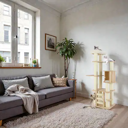 Front. BreeBe - 71" Wooden Cat Tower with Cozy Perch and Capsule-Style Condo - Natural.