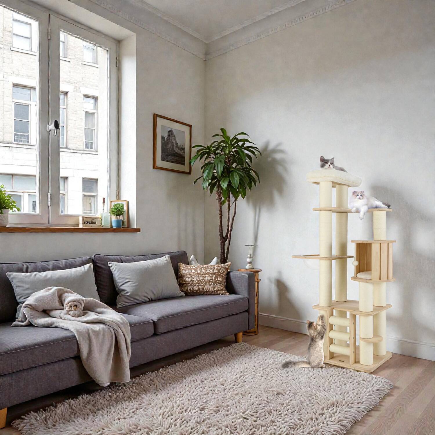 Front. BreeBe - 71" Wooden Cat Tower with Cozy Perch and Capsule-Style Condo - Natural.