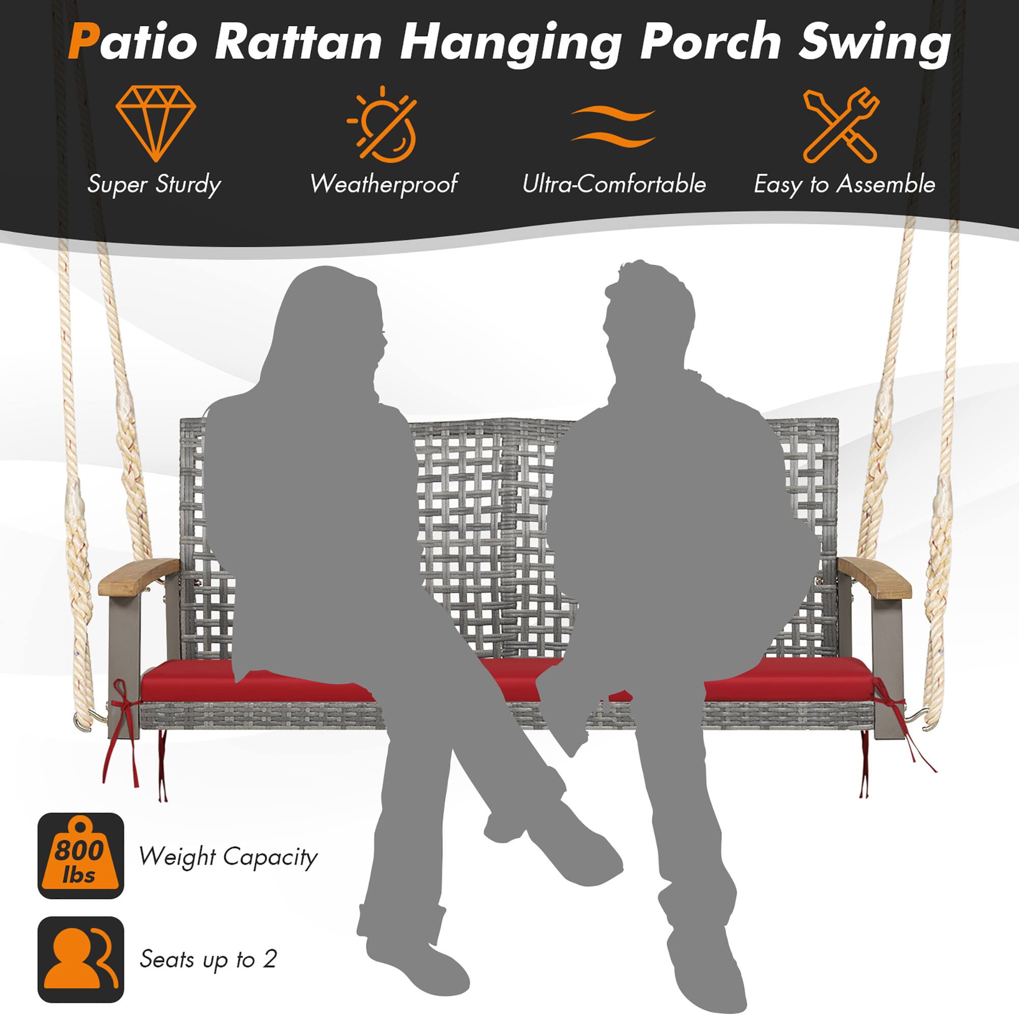 Patio Rattan Hanging Porch Swing

- Super Sturdy
- Weatherproof
- Ultra-Comfortable
- Easy to Assemble

800 lbs Weight Capacity

Seats up to 2