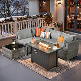 Ovios - 6 PCS Wicker Patio Furniture Outdoor Sectional Sofa with Coffee Table & 42'' Firepit Table - Dark Gray