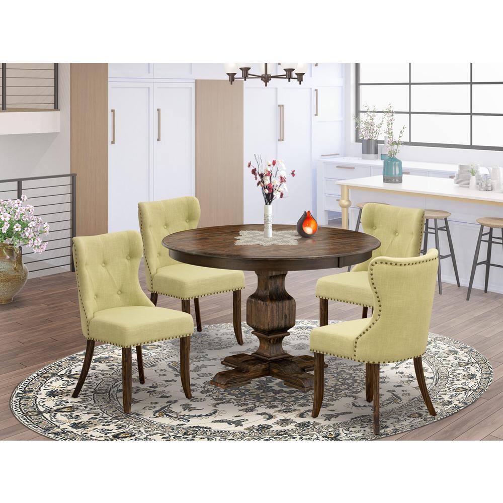 Angle. East West Furniture - East West Furniture 5-Piece Modern Dining Set - Wooden Pedestal Dining Table and 4 Limelight Color Parson Dining Room - Multi-Color.