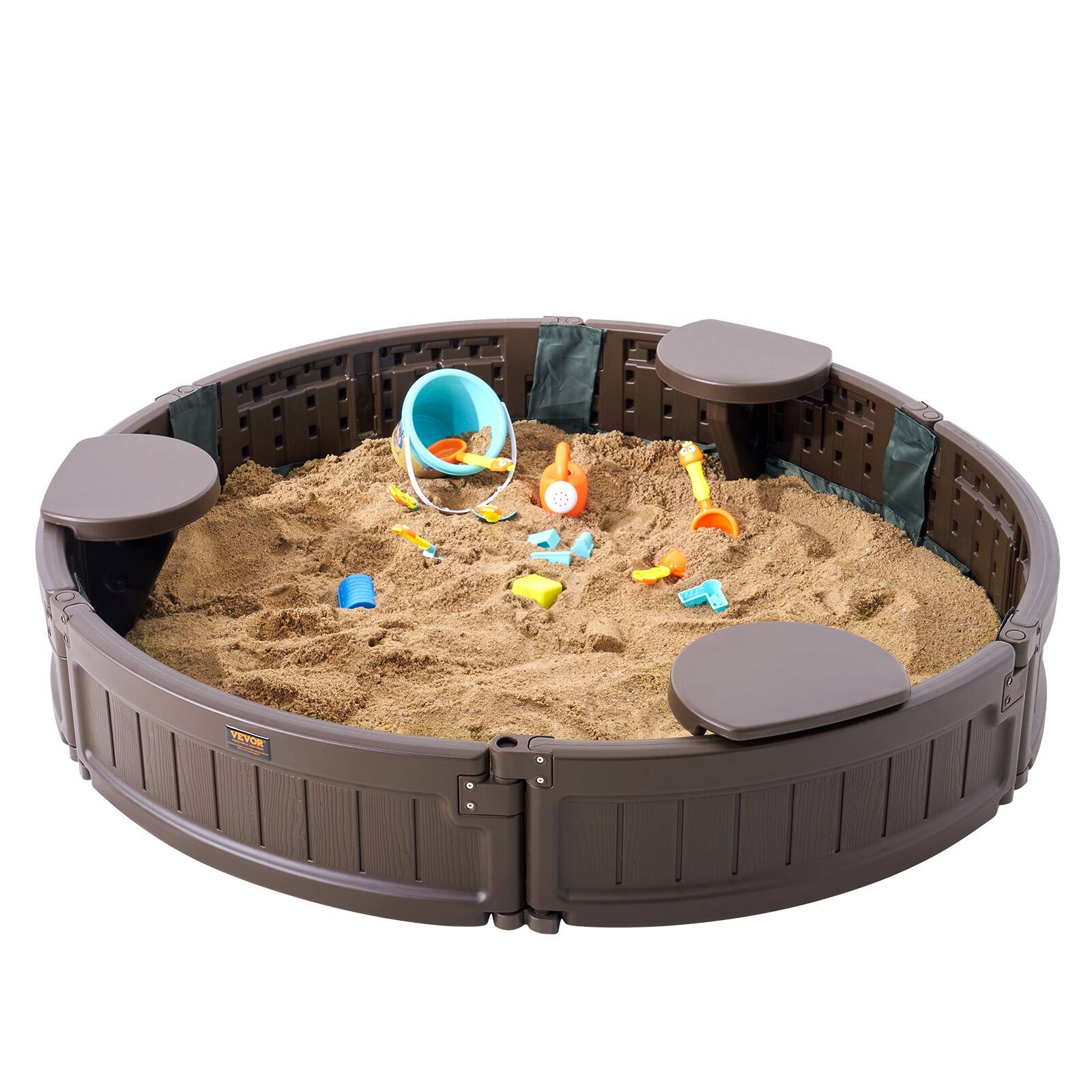 Alt View 5. VEVOR - Sandbox with Cover, 47.2 x 9.1 in Round Sand Box, HDPE Sand Pit with 3 Corner Seating and Bottom Liner, Kids Sandbox - Brown.
