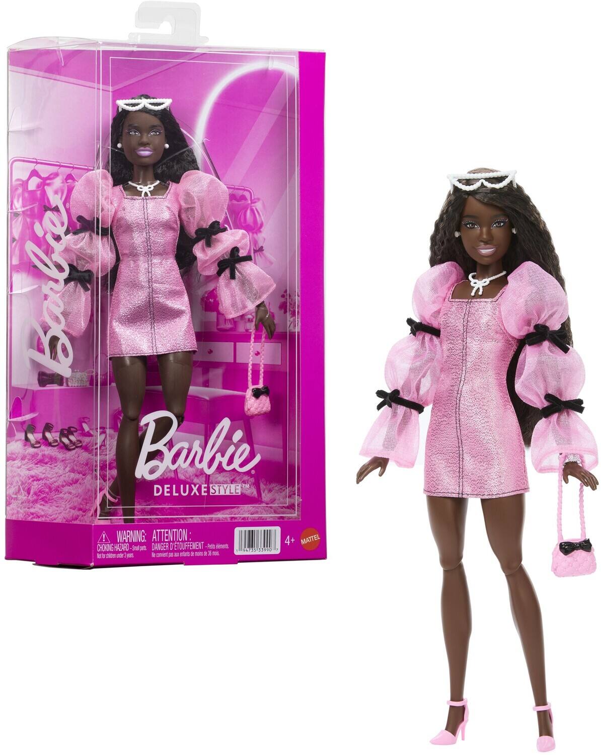 Barbie L Barbie DELUXE STYLE !  
WARNING: ATTENTION : CHOING HAZARD  
DANGER : ETOU DUFFEMENT  
N - 2 d a cmed DE - miro a tom a 1 - 67 TERO - 4+  
MATTEL