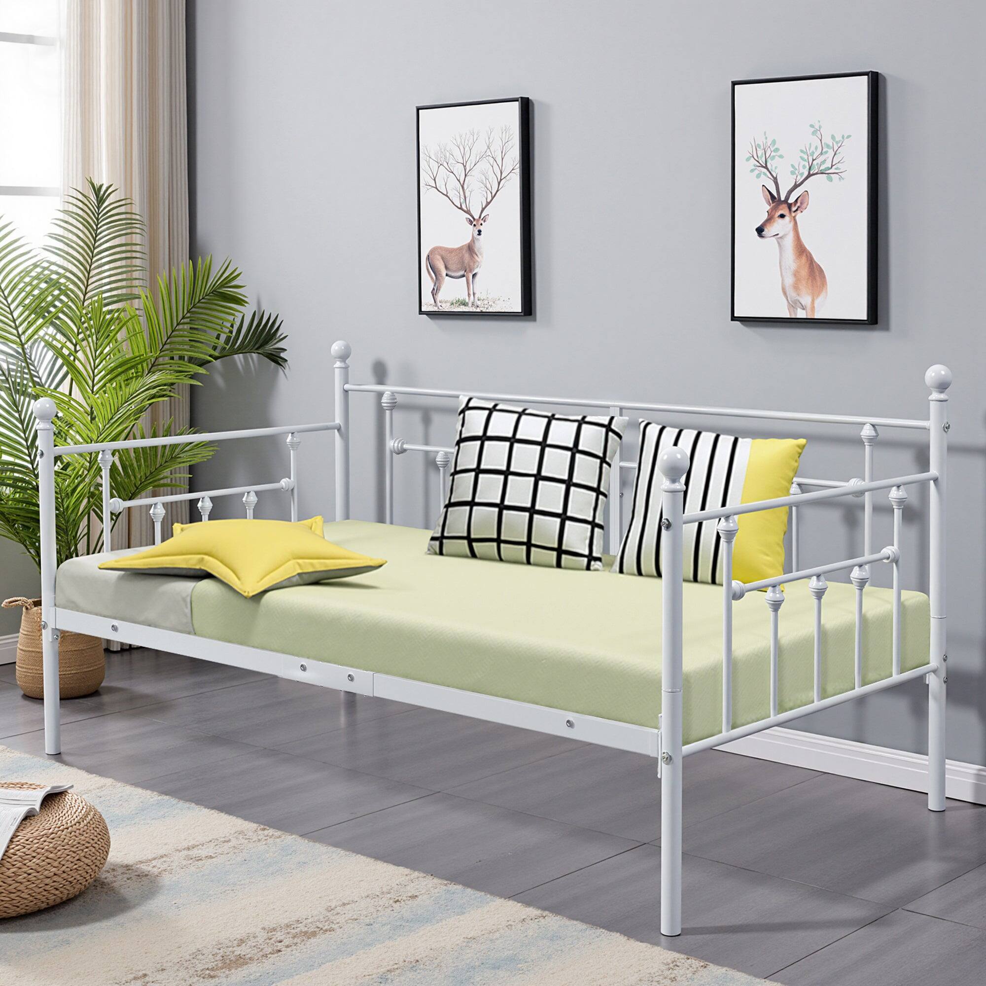 Back. Vecelo - Metal Twin Size Daybed Frame with Slats, Headboard & 12.6" Storage Space for Bedroom Guest Room or Living Room - White.
