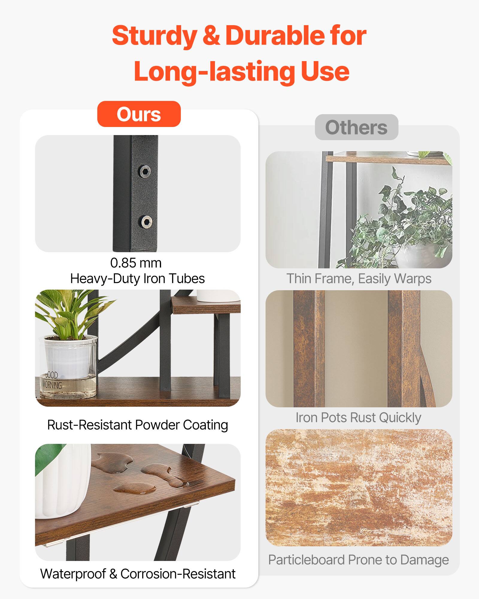 Sturdy & Durable for Long-lasting Use

Ours:
- 0.85 mm Heavy-Duty Iron Tubes
- Rust-Resistant Powder Coating
- Waterproof & Corrosion-Resistant

Others:
- Thin Frame, Easily Warps
- Iron Pots Rust Quickly
- Particleboard Prone to Damage