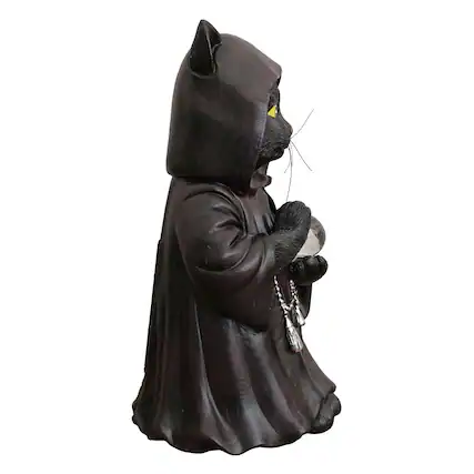 Front. OrnamentallyYou - Ominous Black Cat Wizard Figurine, 7" Solar Light Gothic Yard Statue Decor - Black.