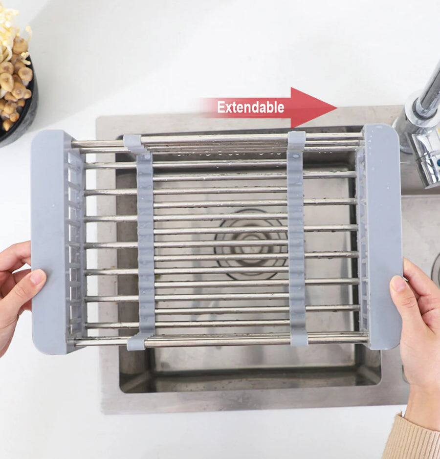 Left. Adivo - Expandable In-Sink Dish Drying Rack with Handles, Stainless Steel Kitchen Organizer for Dishes and Food - Gray.