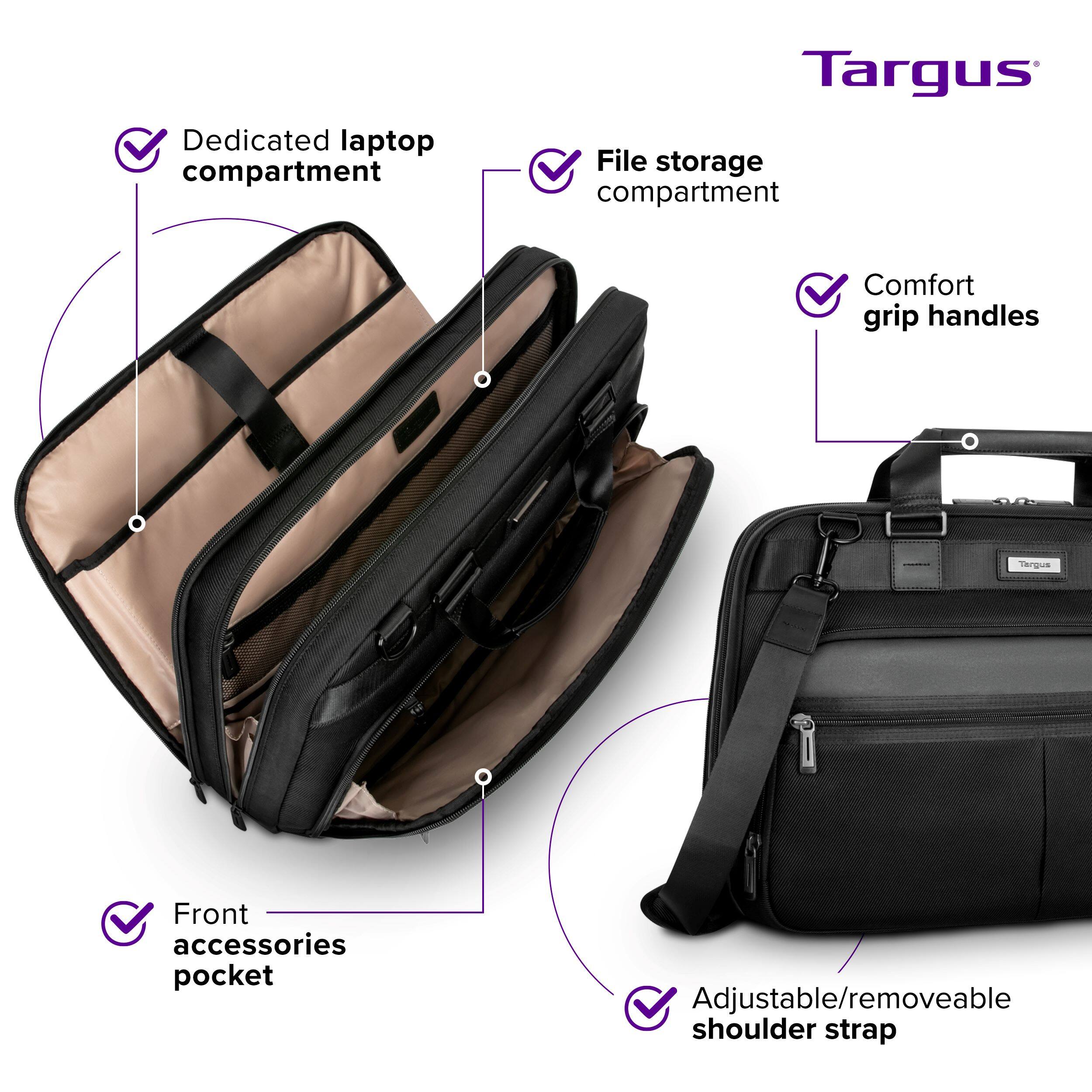 Dedicated laptop compartment Targus File storage compartment Comfort grip handles TerQue Front accessories pocket Adjustable/removeable shoulder strap