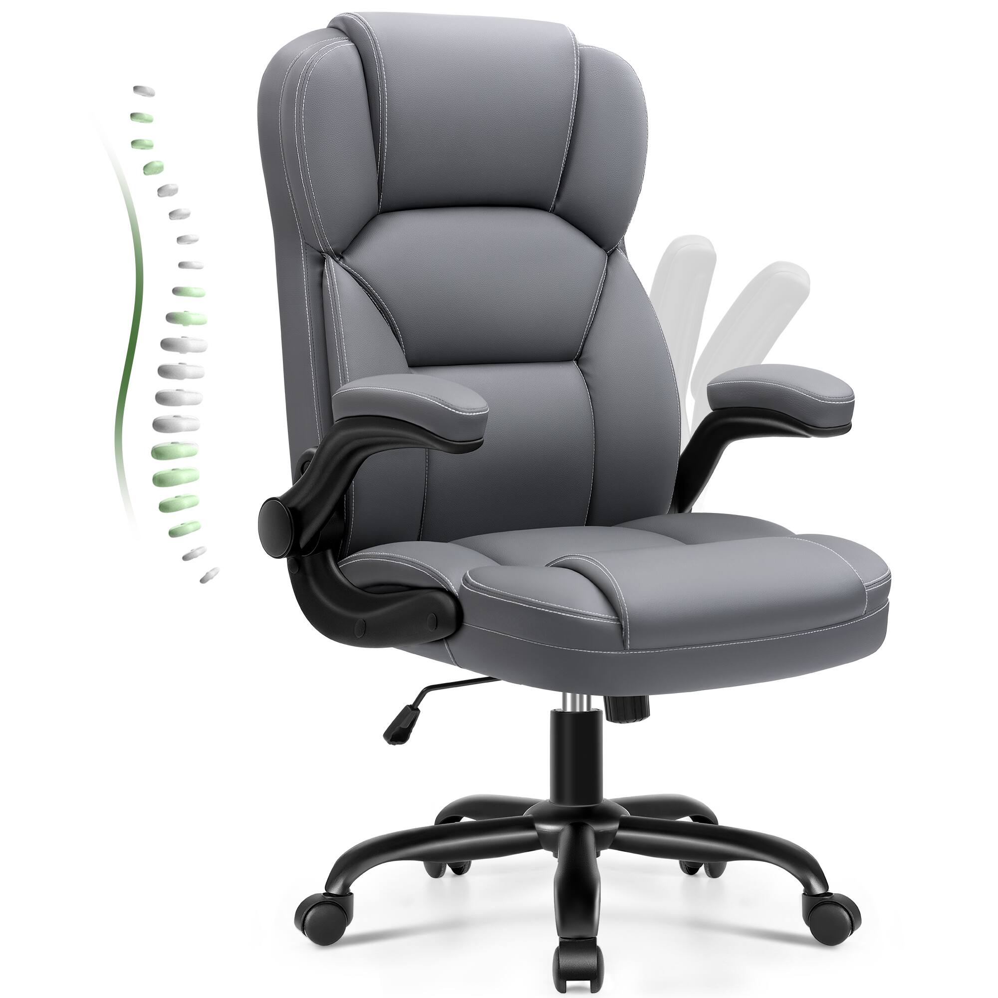 Front. Brick Attic - Leather Office Chair with Flip Up Arms, 360° Swivel Ergonomic Desk Chair with Wheels, Adjustable Height Computer Chair - Grey.