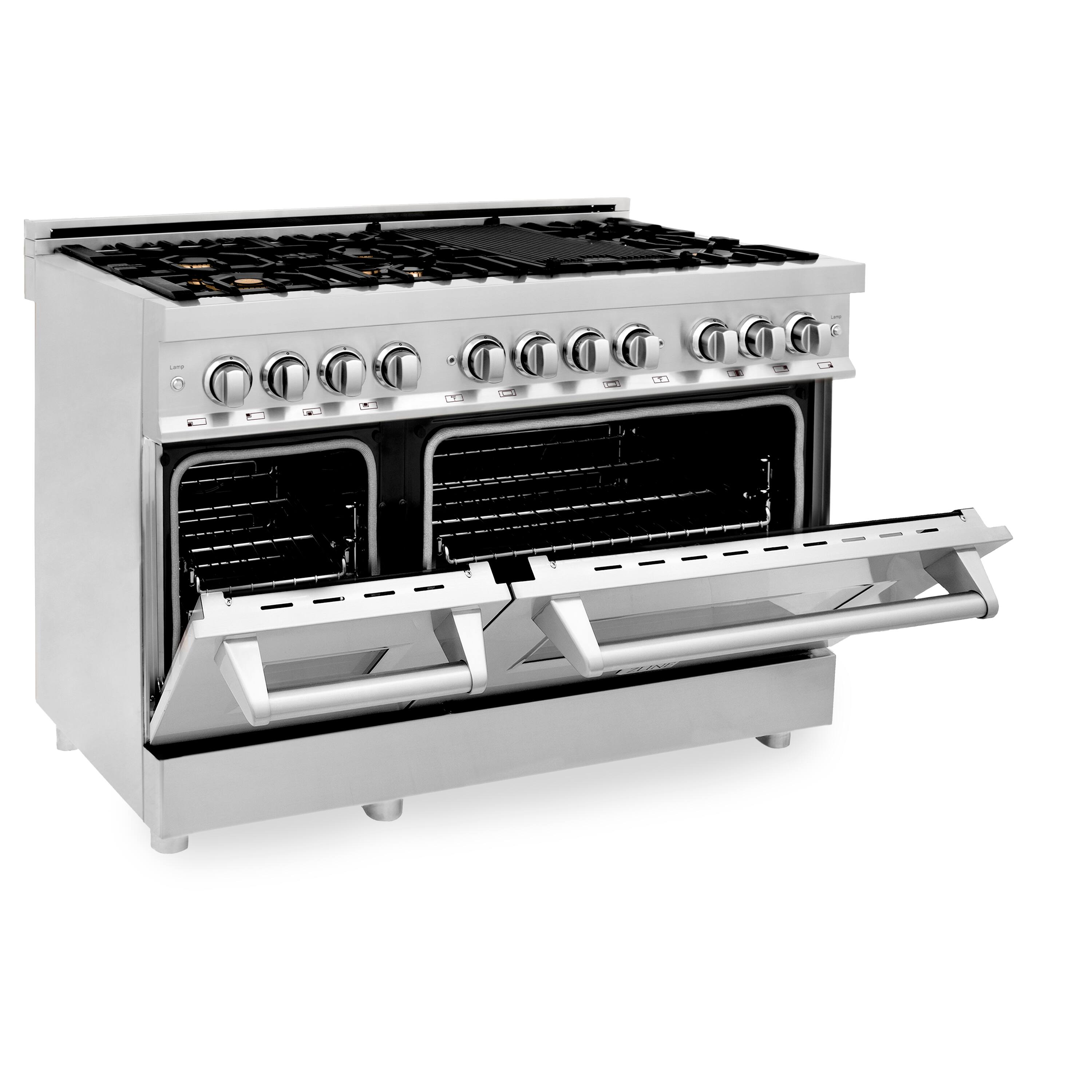 The image shows a stainless steel gas stove with a black oven. The stove has six burners, and the oven has a glass window. The stove is sitting on a white background, making it stand out prominently.