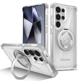 Dteck - Crystal Magnetic Case for Samsung Galaxy S26 Ultra with Rotating Stand,Shockproof Anti-Yellow Transparent Cover - Clear