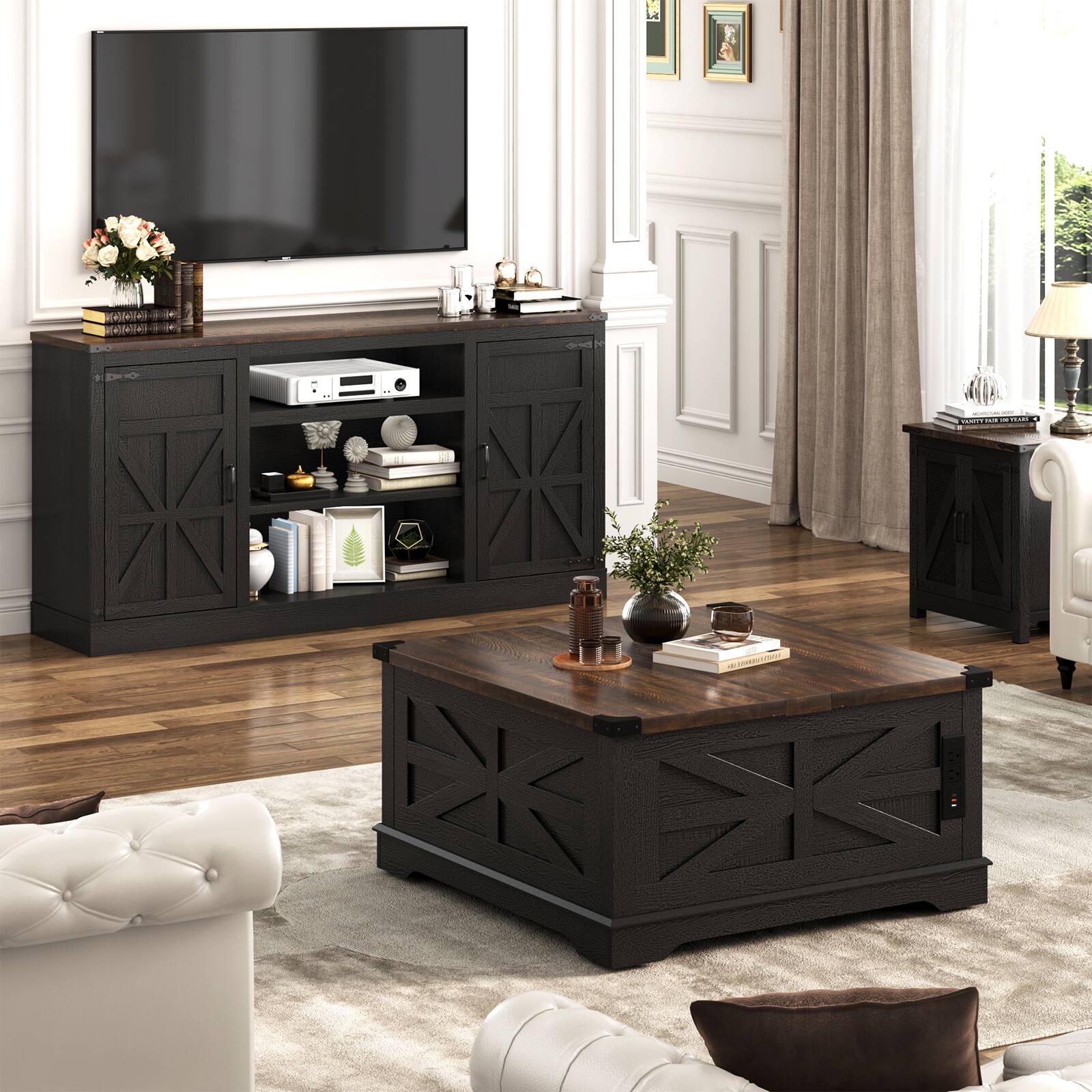 Angle. Espafurni - 66" Farmhouse TV Stand w/Power Outlet, 33"H, Adjustable Shelves & Storage – Fits 75" TV - Black.
