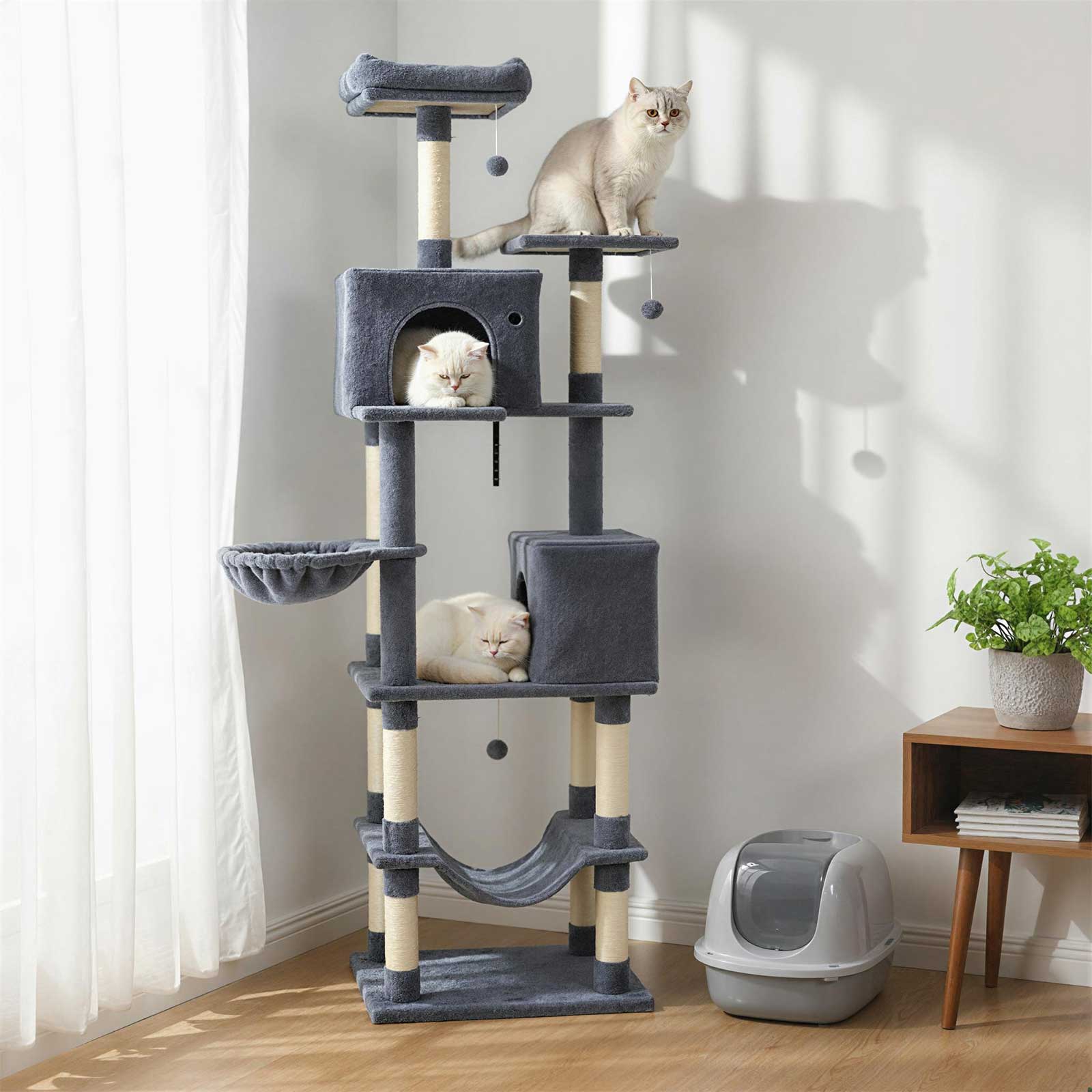 Alt View 3. Gymax - Gymax 80'' Tall Cat Tree w/2 Condos Sisal Scratching Posts Plush Perch Hammock Basket Dark Gray.