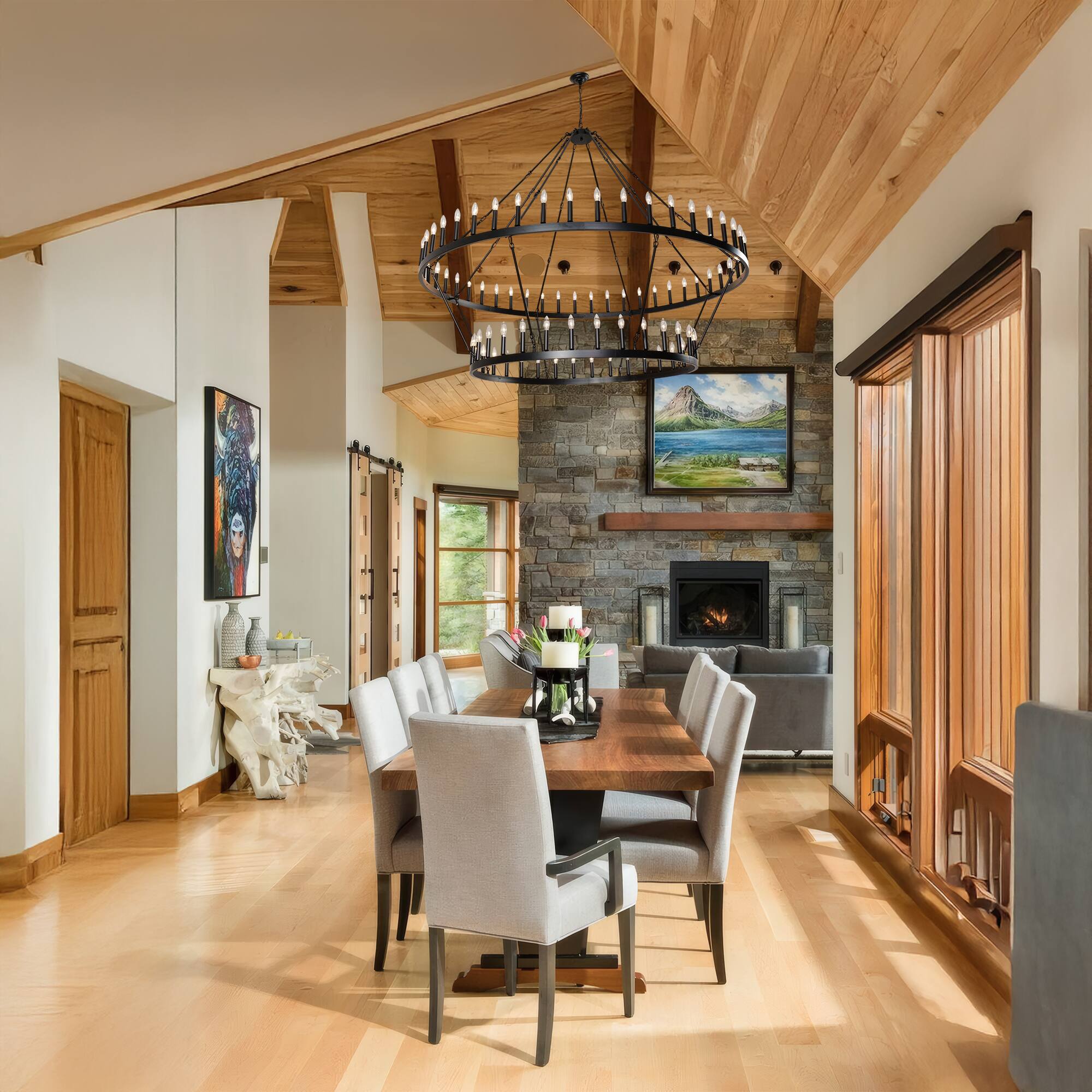 Angle. RYHNUYNE - 2-Tier Black Wagon Wheel Chandelier 80-Light Extra Large Farmhouse Pendant Light for High Ceilings - Black.