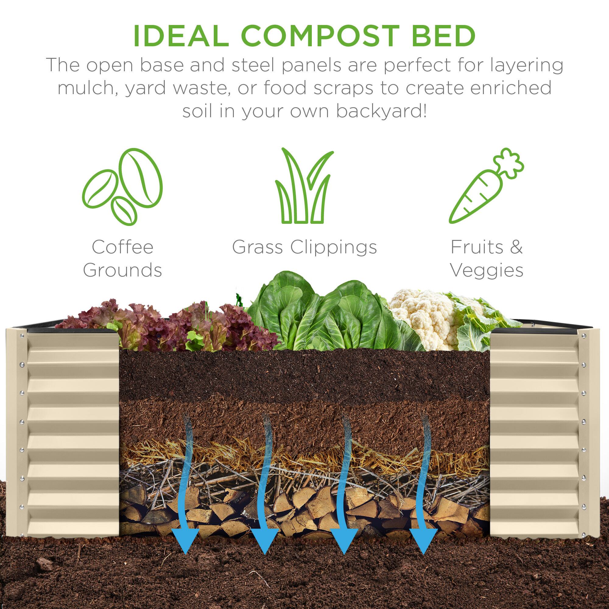 IDEAL COMPOST BED

The open base and steel panels are perfect for layering mulch, yard waste, or food scraps to create enriched soil in your own backyard!

- Coffee Grounds
- Grass Clippings
- Fruits & Veggies