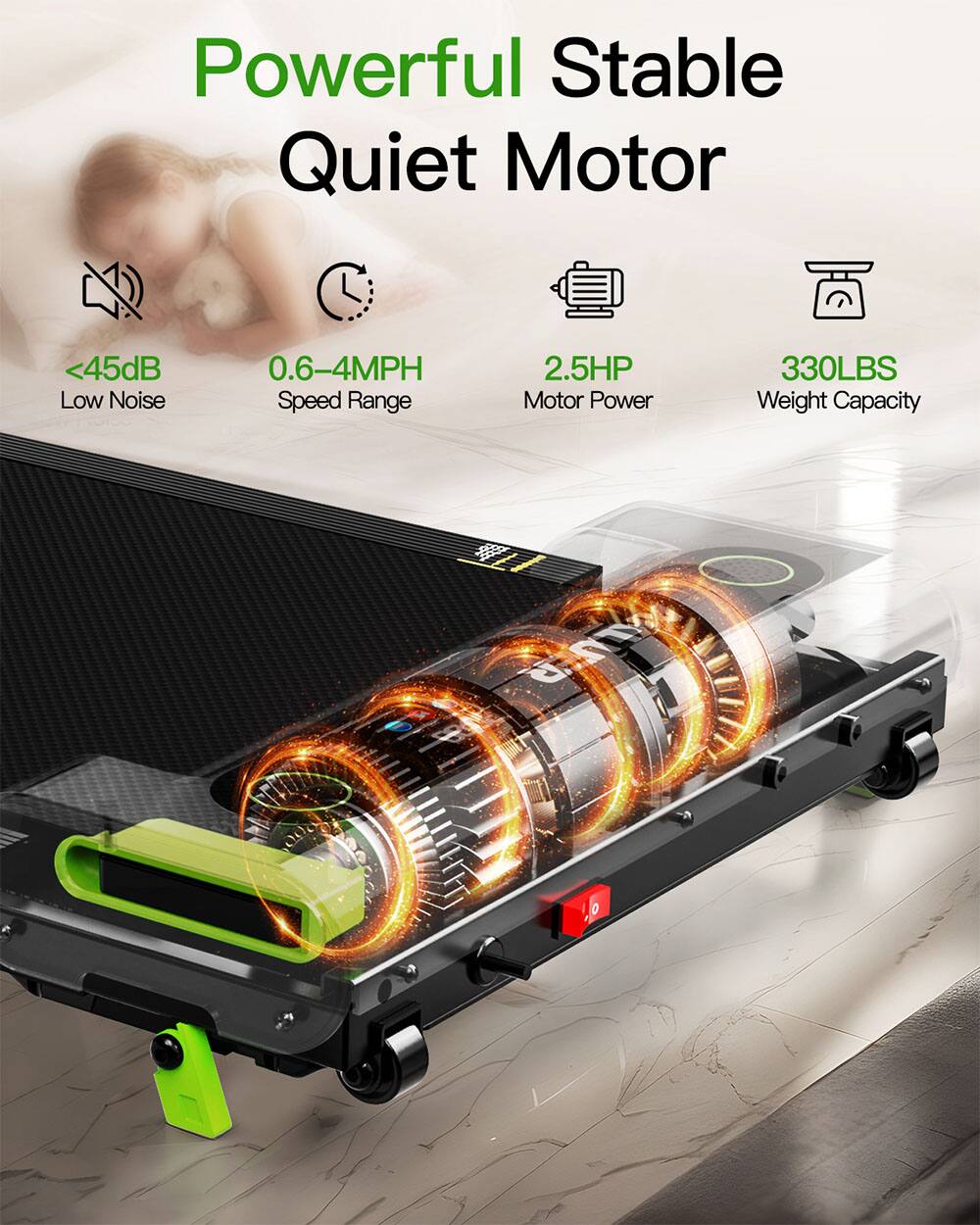Powerful Stable Quiet Motor  
<45dB Low Noise  
0.6-4MPH Speed Range  
2.5HP Motor Power  
330LBS Weight Capacity
