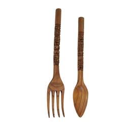 Zeckos - 24 Inch Carved Tiki Spoon & Fork Wooden Wall Decor Art Utensil Decoration Set - Brown