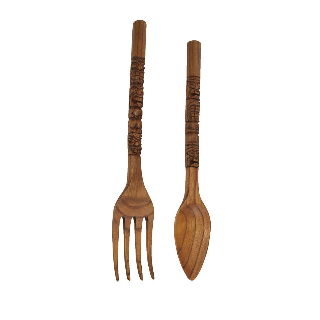 Alt View 1. Zeckos - 24 Inch Carved Tiki Spoon & Fork Wooden Wall Decor Art Utensil Decoration Set - Brown.