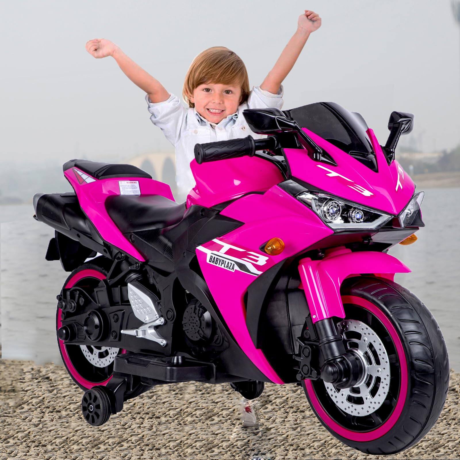 Alt View 1. Ecooso - Kids Motorcycle 12V Ride On Toy with Training Wheels, Manual Throttle, Hand Drive, Lighting Wheels, Ages 3-6 - Pink.