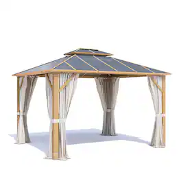 U-HOMY - Waterproof Aluminum Hardtop Gazebo with Netting & Curtains for Patio and Garden, Dark Grey - 10' x 12'