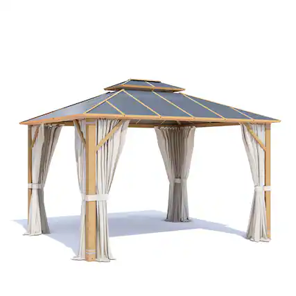 Front. U-HOMY - Waterproof Aluminum Hardtop Gazebo with Netting & Curtains for Patio and Garden, Dark Grey - 10' x 12'.