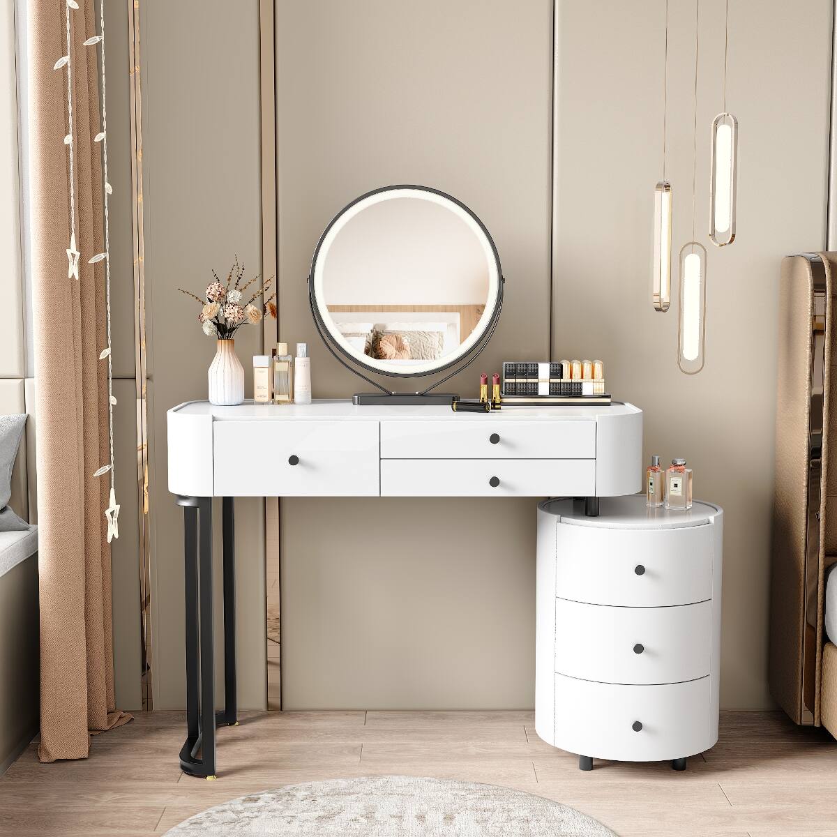 Angle. Loheer - Loheer White Makeup Vanity with Detachable Mirror and Reversible Side Cabinet - White.