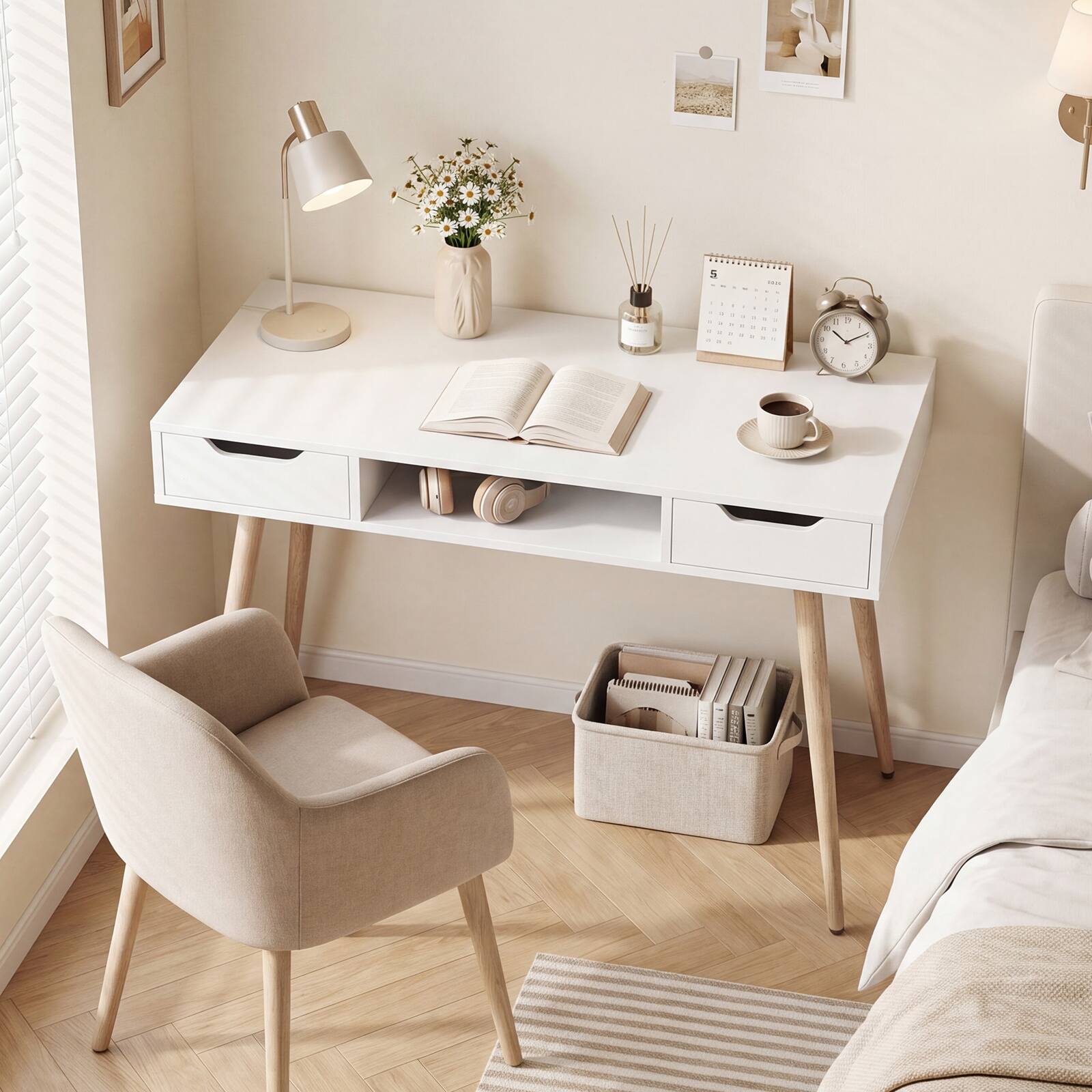 Alt View 4. Costway - Costway Computer Desk with Drawers, Open Storage Compartment for Small Spaces, Office - White.