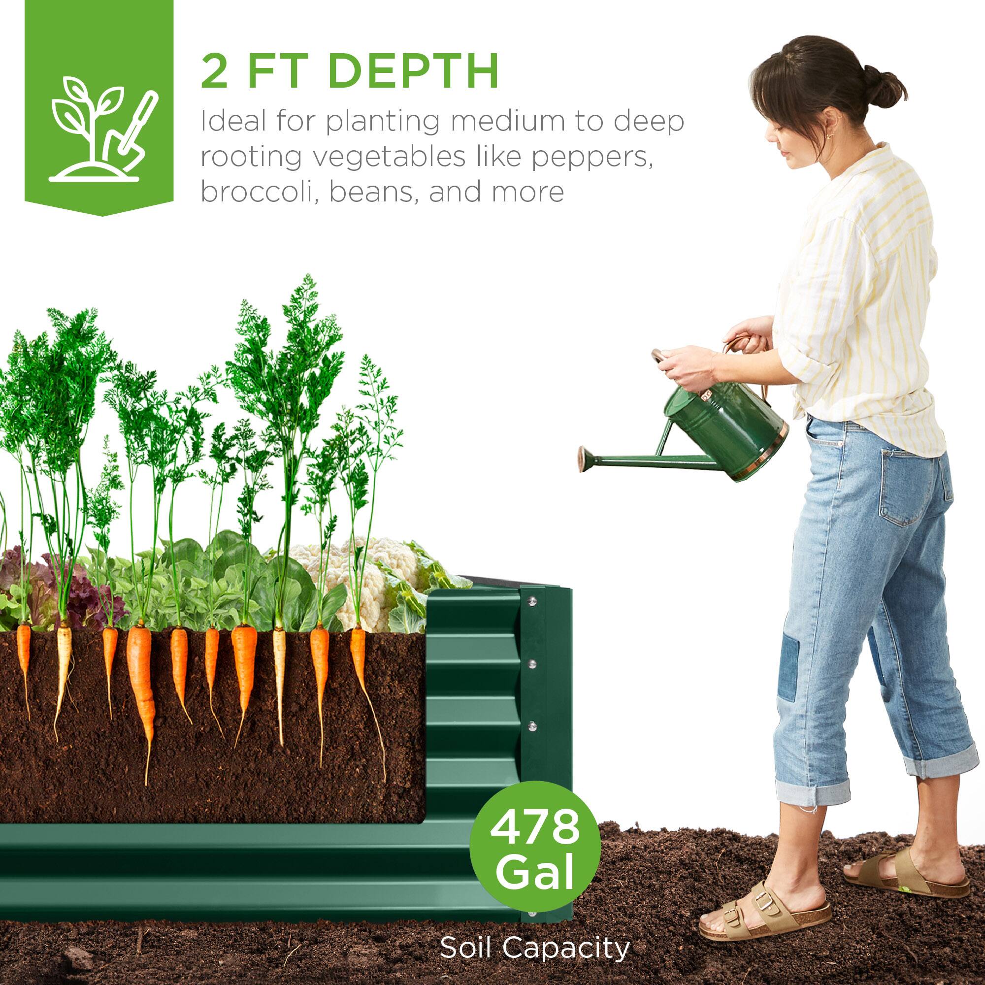 2 FT DEPTH  
Ideal for planting medium to deep rooting vegetables like peppers, broccoli, beans, and more  

478 Gal  
Soil Capacity