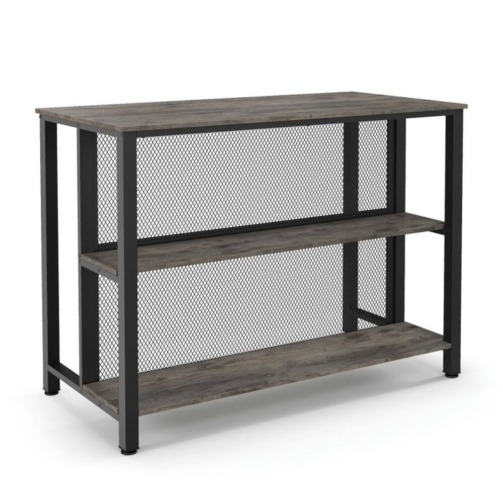 Angle. Pefilos - 36 Inch 3-Tier Bar Table with Storage Metal Frame Adjustable Foot Pads for Dining Room-Gray, Counter Height Table - Gray.