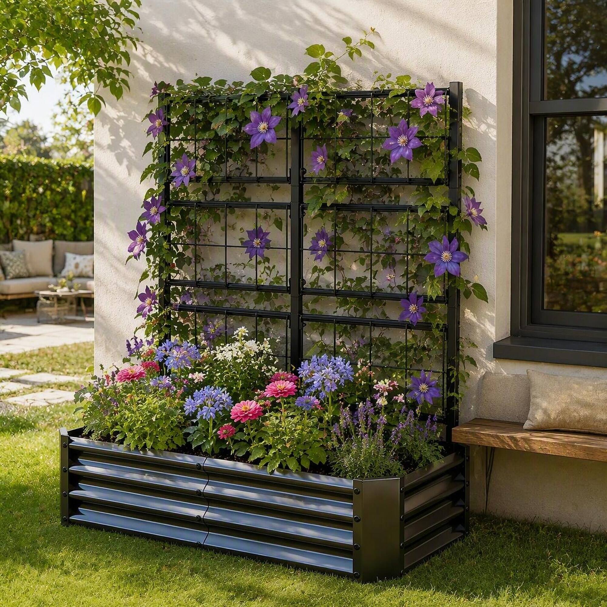 Angle. RYHNUYNE - Galvanized Metal Raised Garden Bed 4x2x1FT with Arch Trellis for Climbing Plants, Heavy Duty Outdoor Planter Box - Black.