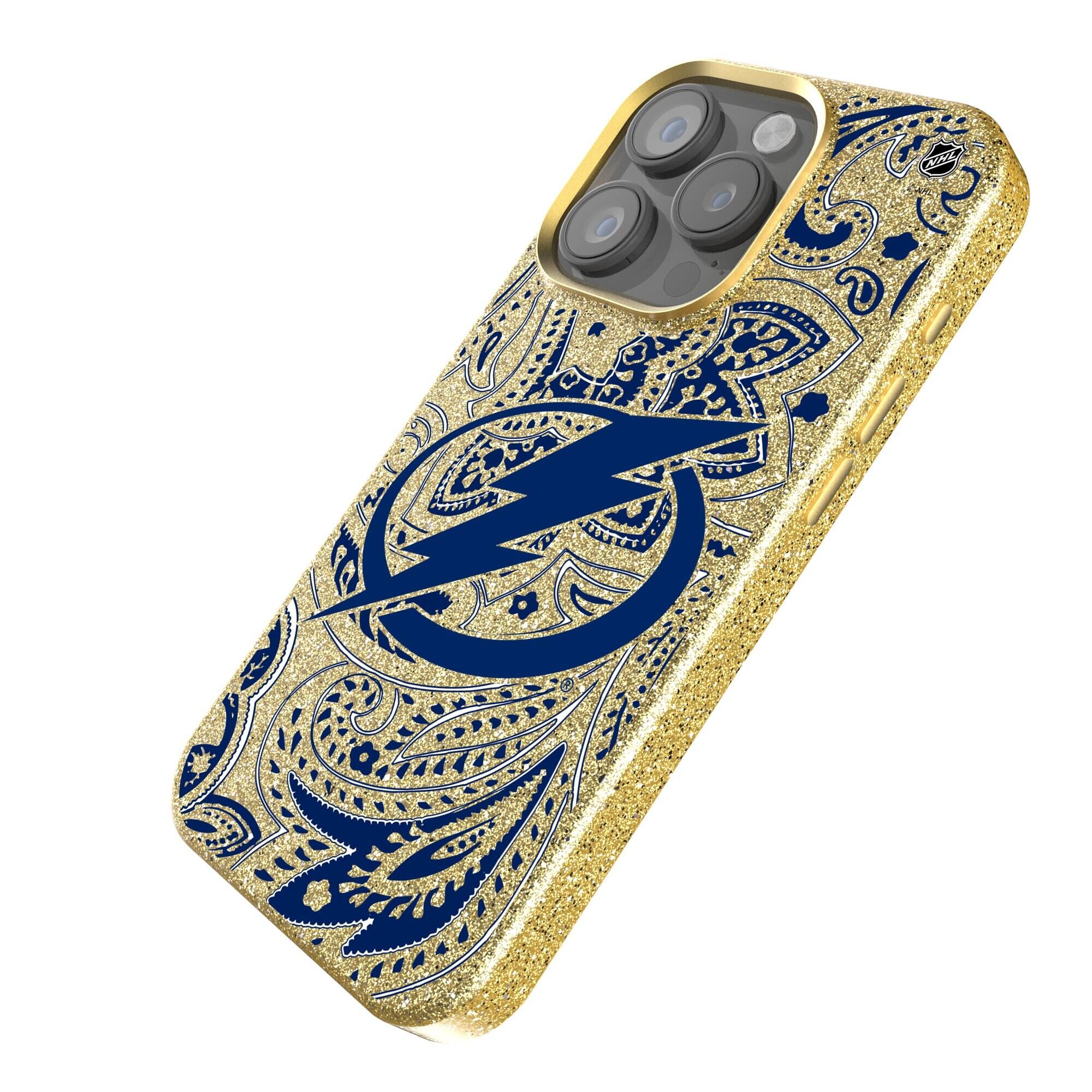 Alt View 1. Keyscaper - Gold Tampa Bay Lightning Paisley Bling iPhone Case - 14 Pro - Gold.
