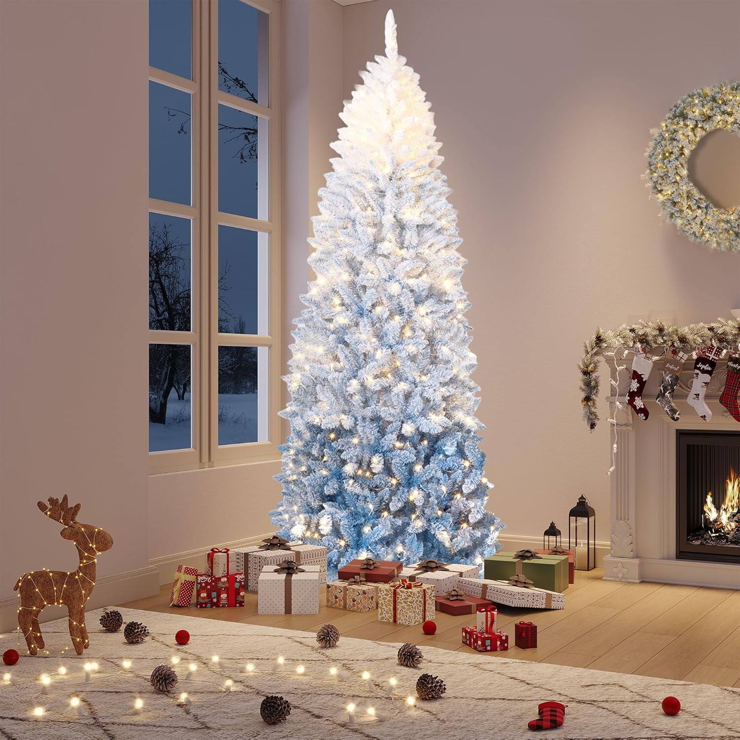 Left. Qeetex - 7.5ft Pencil Christmas Tree, Slim Flocked Artificial Tree for Christmas Decorations - White Blue 7.5ft.