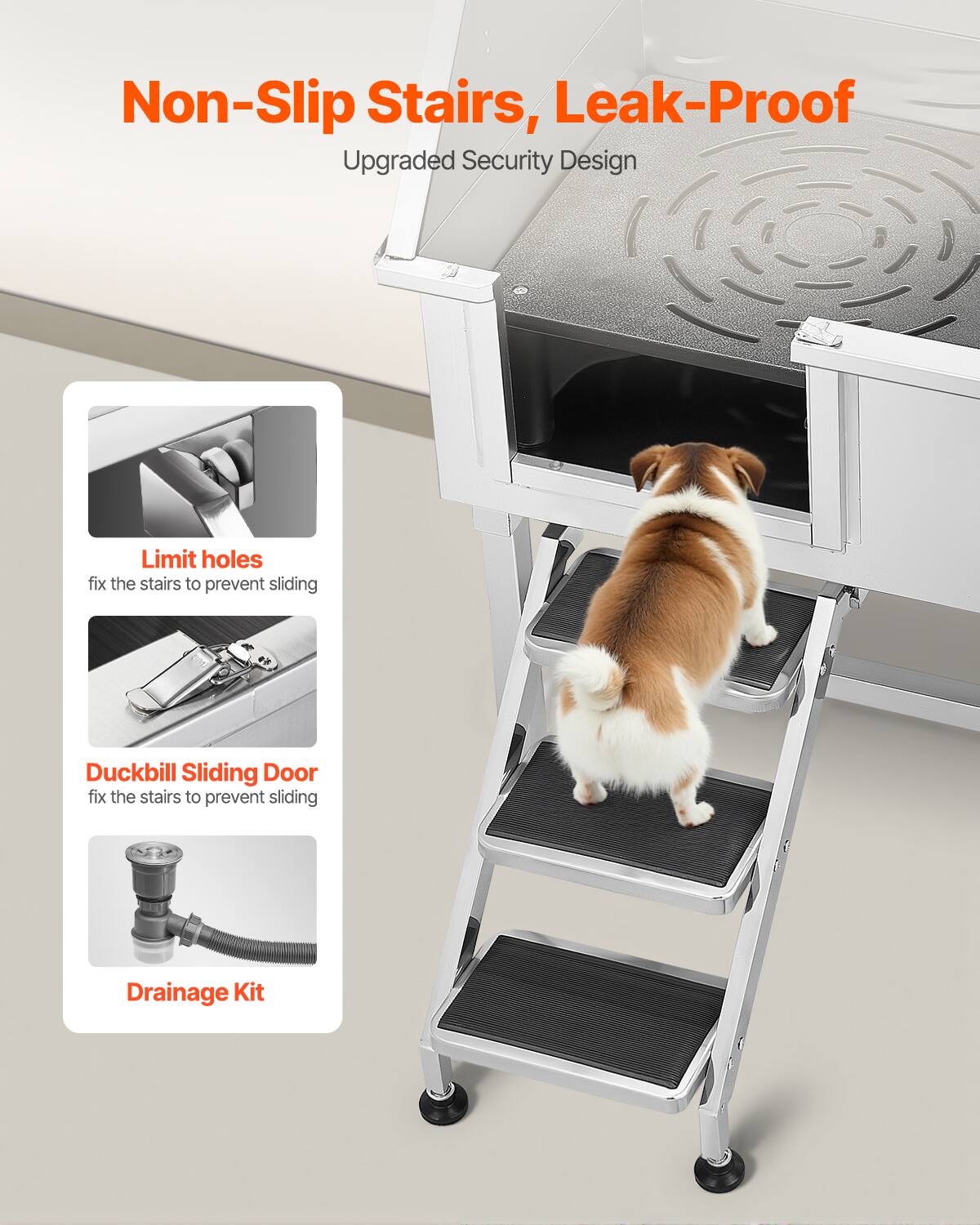 Non-Slip Stairs, Leak-Proof  
Upgraded Security Design  

Limit holes  
fix the stairs to prevent sliding  

Duckbill Sliding Door  
fix the stairs to prevent sliding  

Drainage Kit