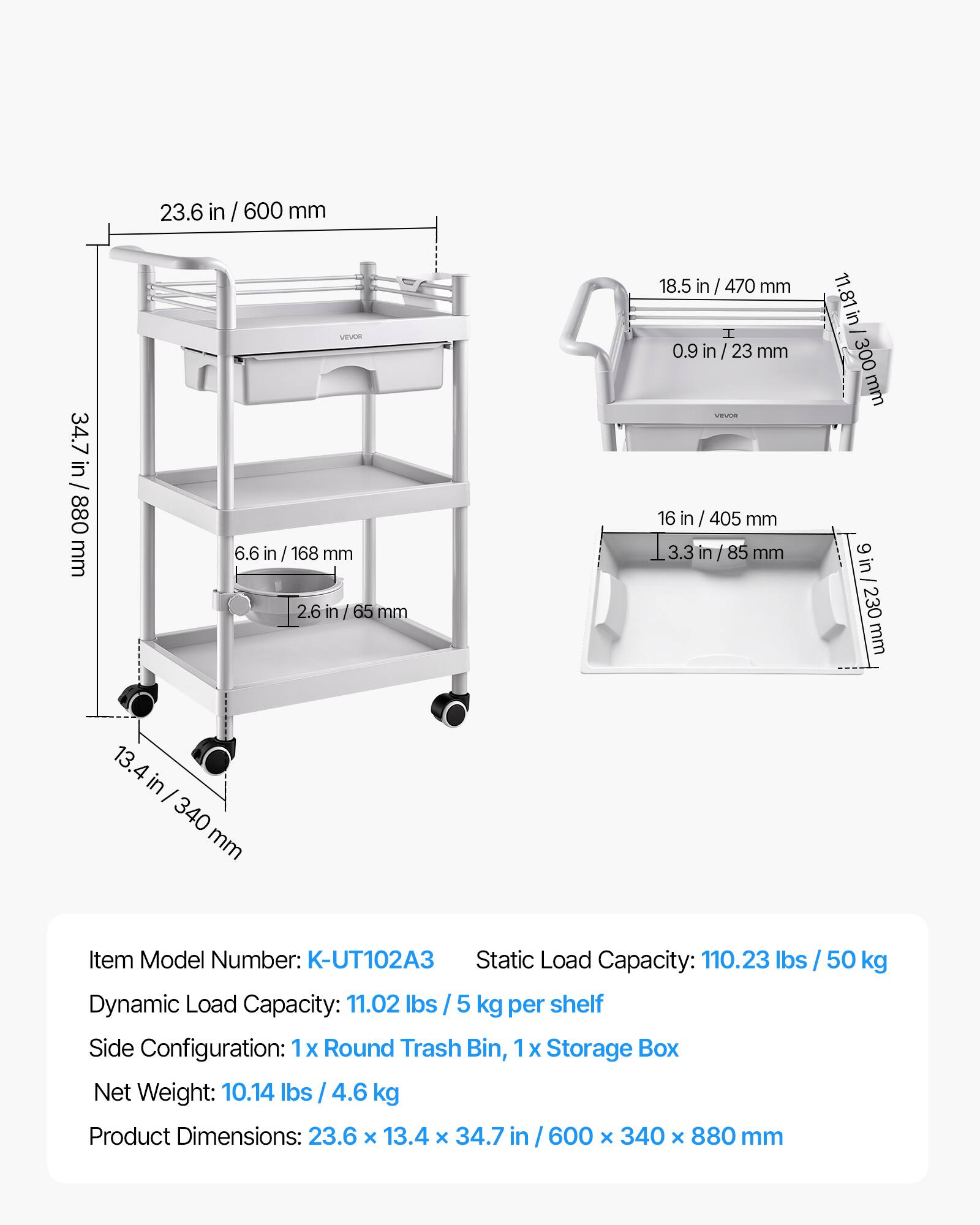 VEVOR Medical Cart Three Tier Medical Trolley Cart with Drawer 110.23 ...