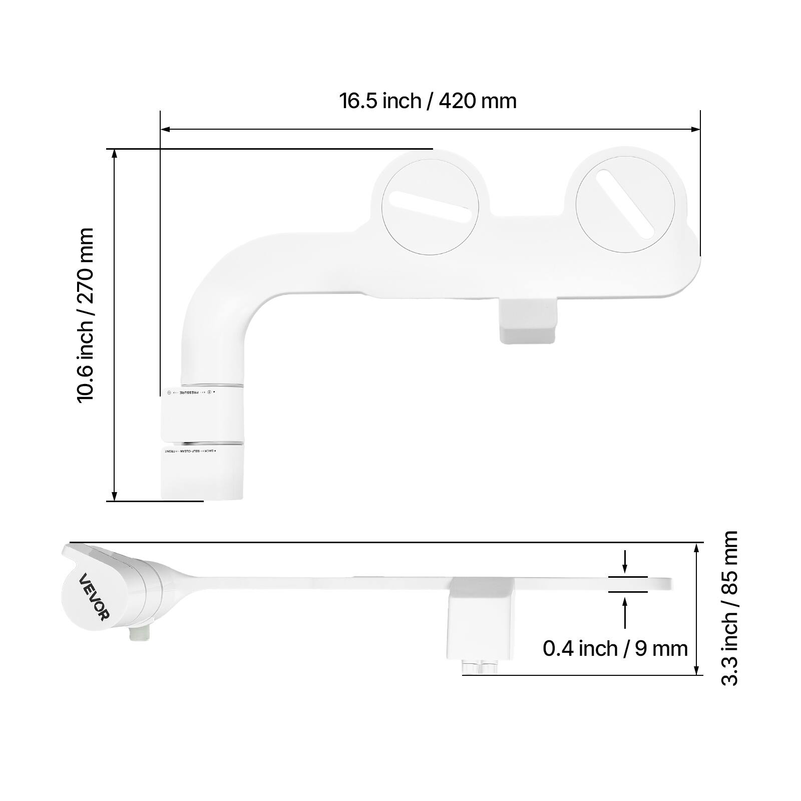 16.5 inch / 420 mm
10.6 inch / 270 mm
0.4 inch / 9 mm
3.3 inch / 85 mm
VEVOR