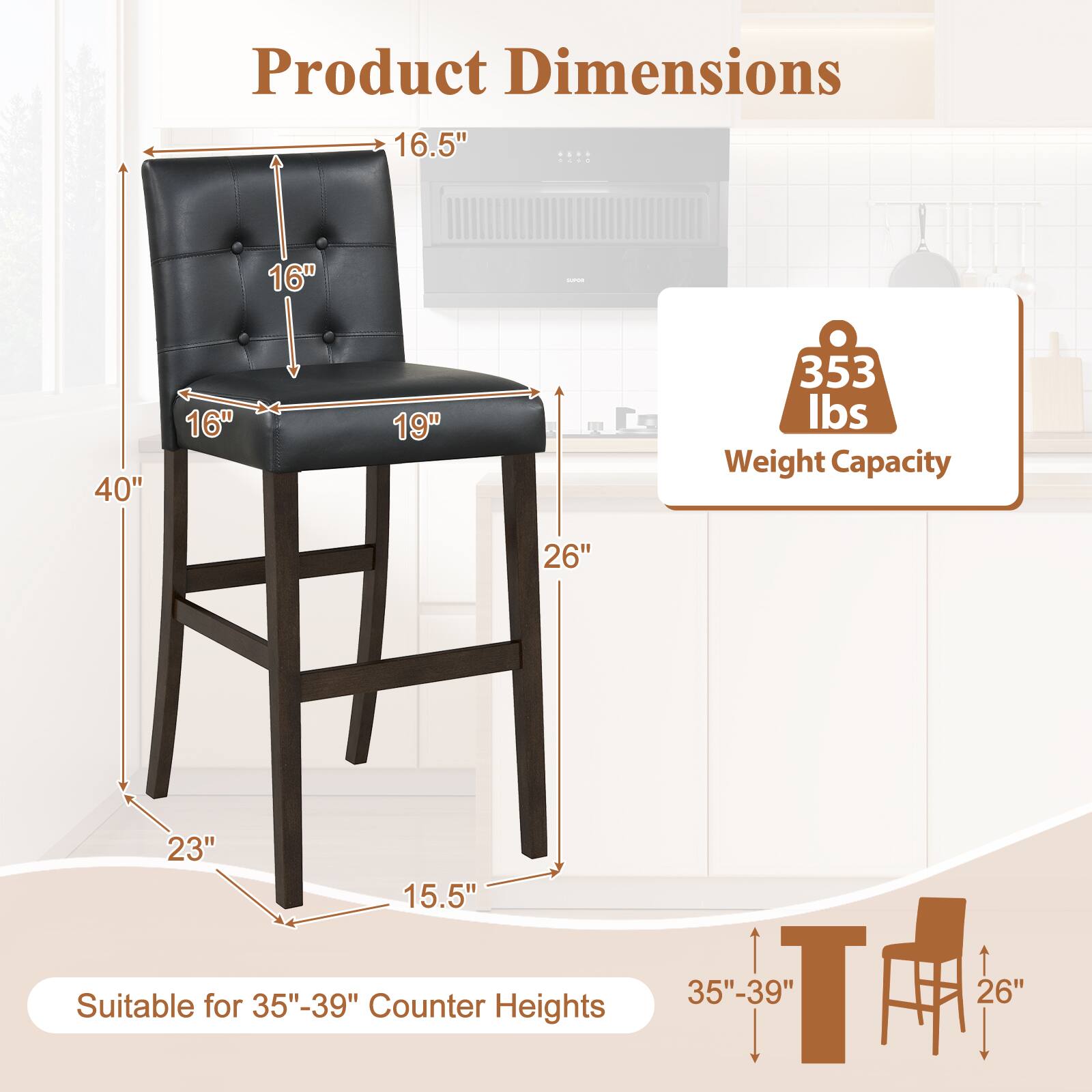 Product Dimensions: 16.5" x 16" x 40" x 16" x 19" x 353 lbs  
Weight Capacity: 26" x 23" x 15.5"  
Suitable for 35"-39" Counter Heights