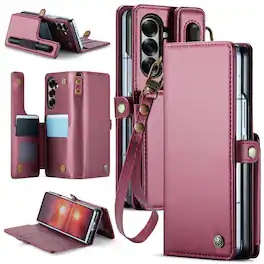 Dteck - Shockproof Flip Wallet Phone Case for Samsung Galaxy Z Fold7, RFID PU Leather Protective Kickstand Cover with Strap - Winered