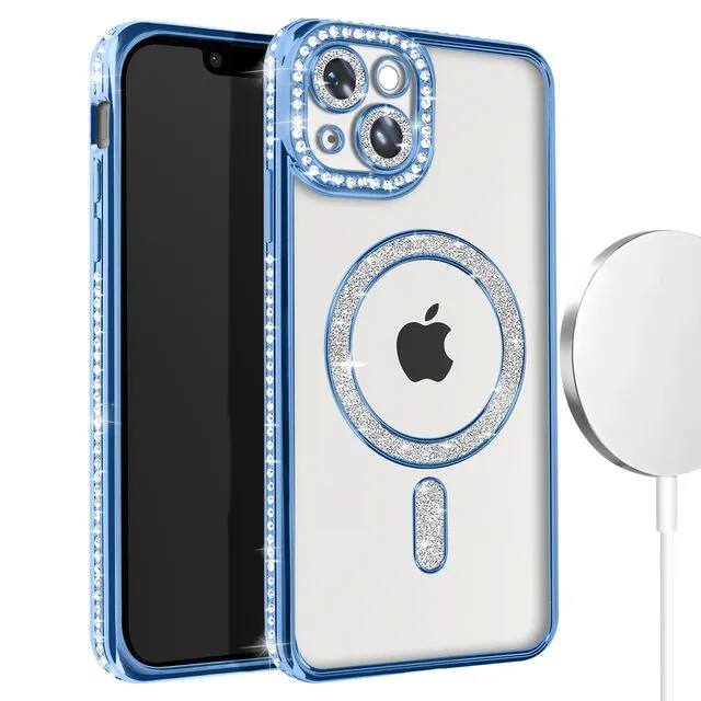 Entronix - Magnetic Case for iPhone 14 - Luxury Clear Back with Rhinestones - Blue