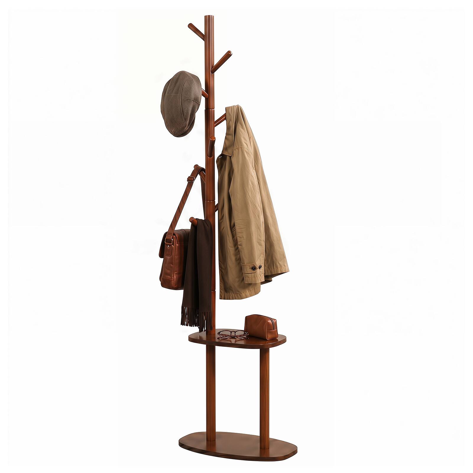 Alt View 1. Costway - Costway Coat Rack, Freestanding Hall Tree with 8 Rubber Wood Hooks and 2 Storage Shelves - Walnut.
