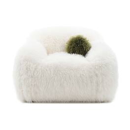 Vaczon - Faux Fur 360° Swivel Accent Chair with Ball Pillows, Plush Shaggy Armchair for Living Room Bedroom - White